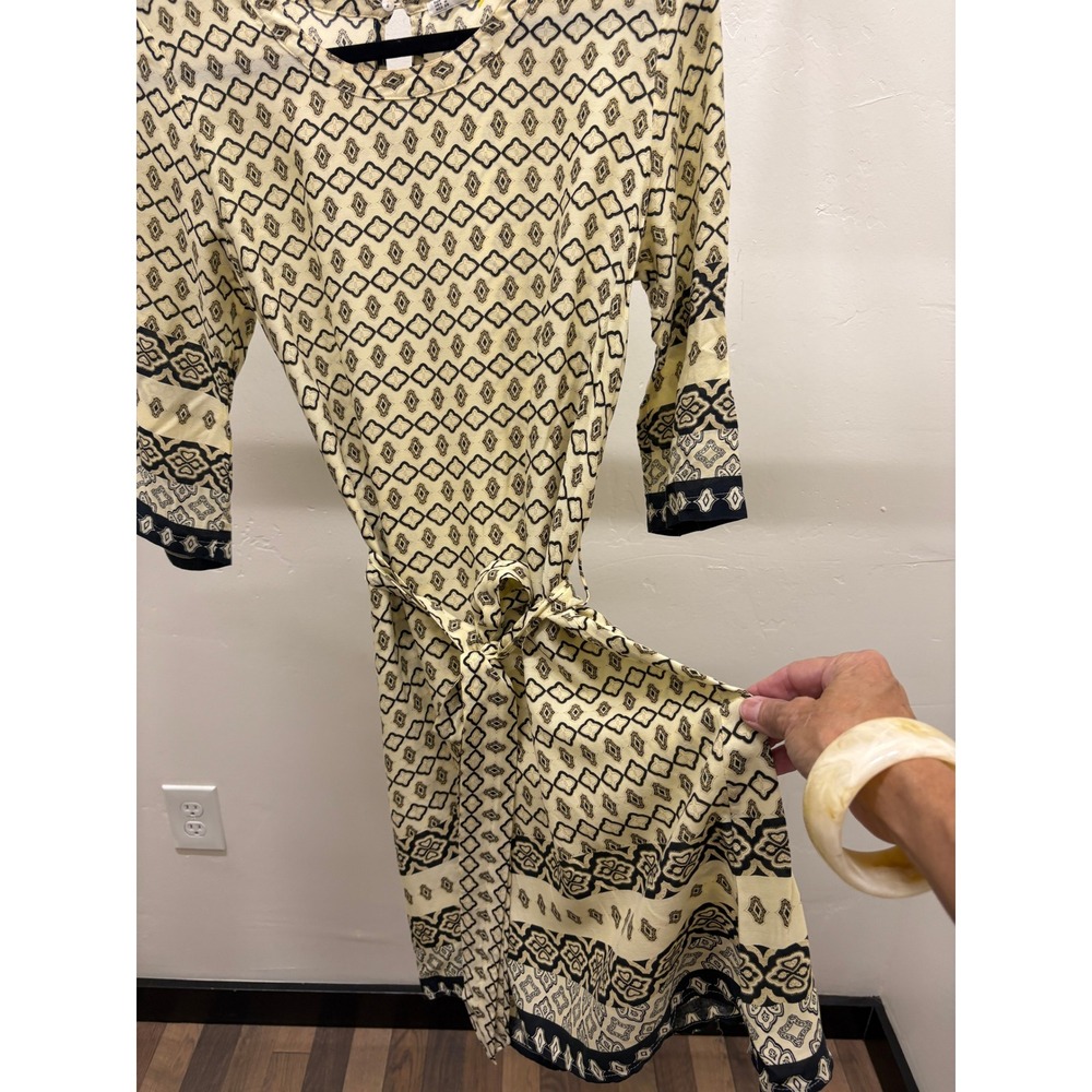 Grifflin Paris Womens Geometric Print Rayon Belted Shift Dress Cream Black Siz M